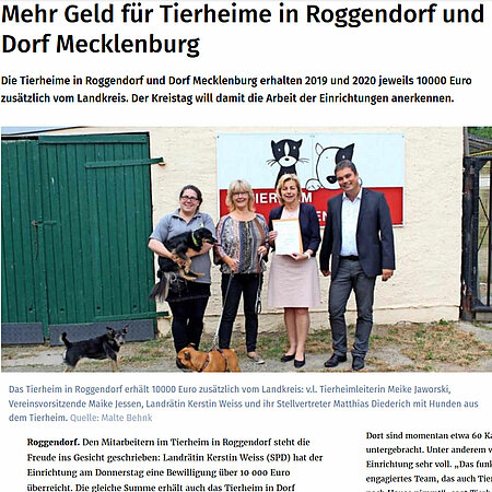 12. Juli 2019 | LN online | "Mehr Geld für Tierheime in Roggendorf und Dorf Mecklenburg"