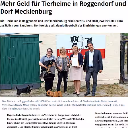 12. Juli 2019 | LN online | "Mehr Geld für Tierheime in Roggendorf und Dorf Mecklenburg"
